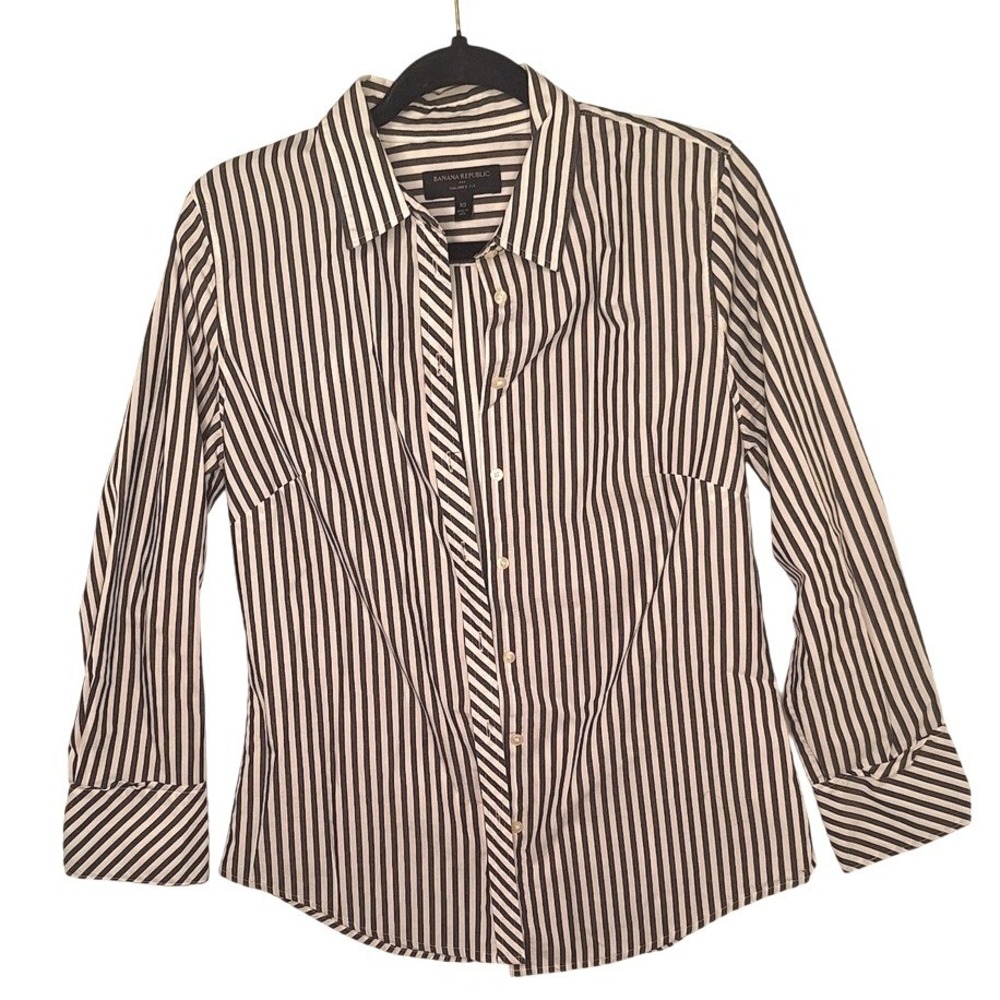 Banana Republic Tailored Fit Striped Button Down Shirt Navy White Womens 10‎